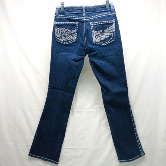 Rock 47 by Wrangler Denim Jeans Size 0x32 Dark Wash Distressed Embroidered - Picture 1 of 12